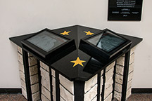 View of the completed kiosk in the Peace Memorial Auditorium's foyer.