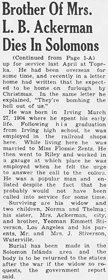 Announcement of Stiversons death reported in the Marshall County News, December 3, 1942.